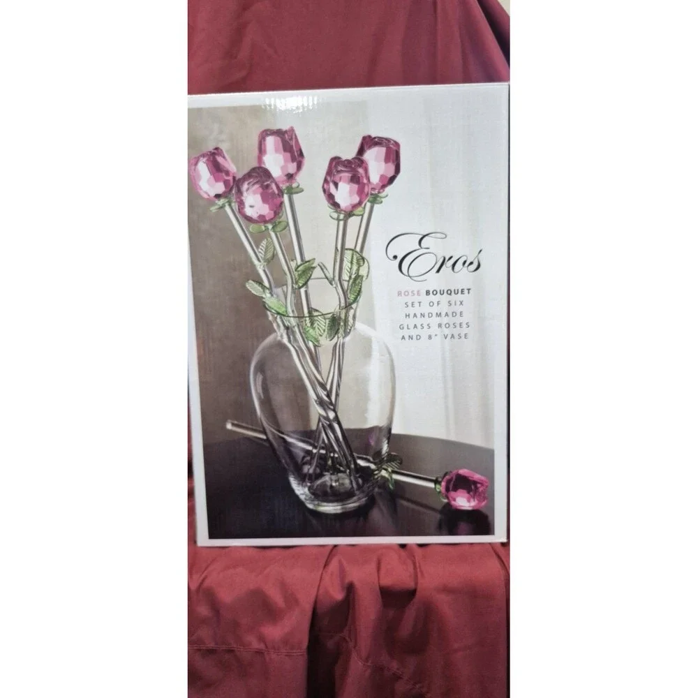 New Eros Glass Rose Bouquet Set 6 Crystal Pink Roses 8” Heart Vase New In Box